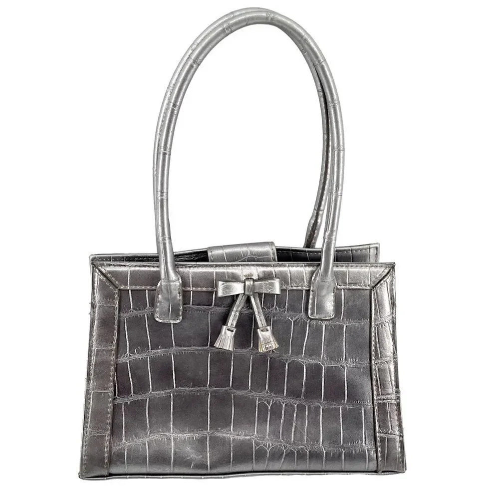 Liz Claiborne Women’s Vintage Silver Croc Embossed Double Handle Shoulder Bag